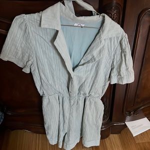 1920s romper mint green with belt, pockets, button up, color, puff sleeve
